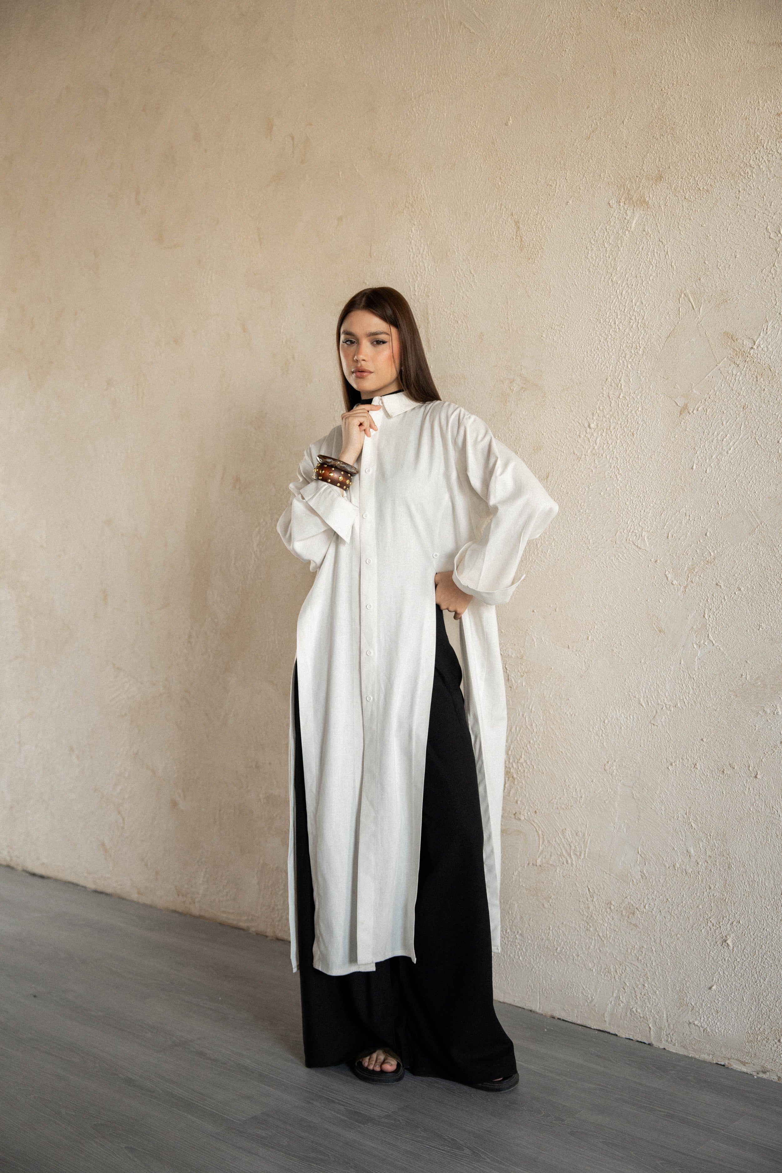 Slit Shirt dress-White