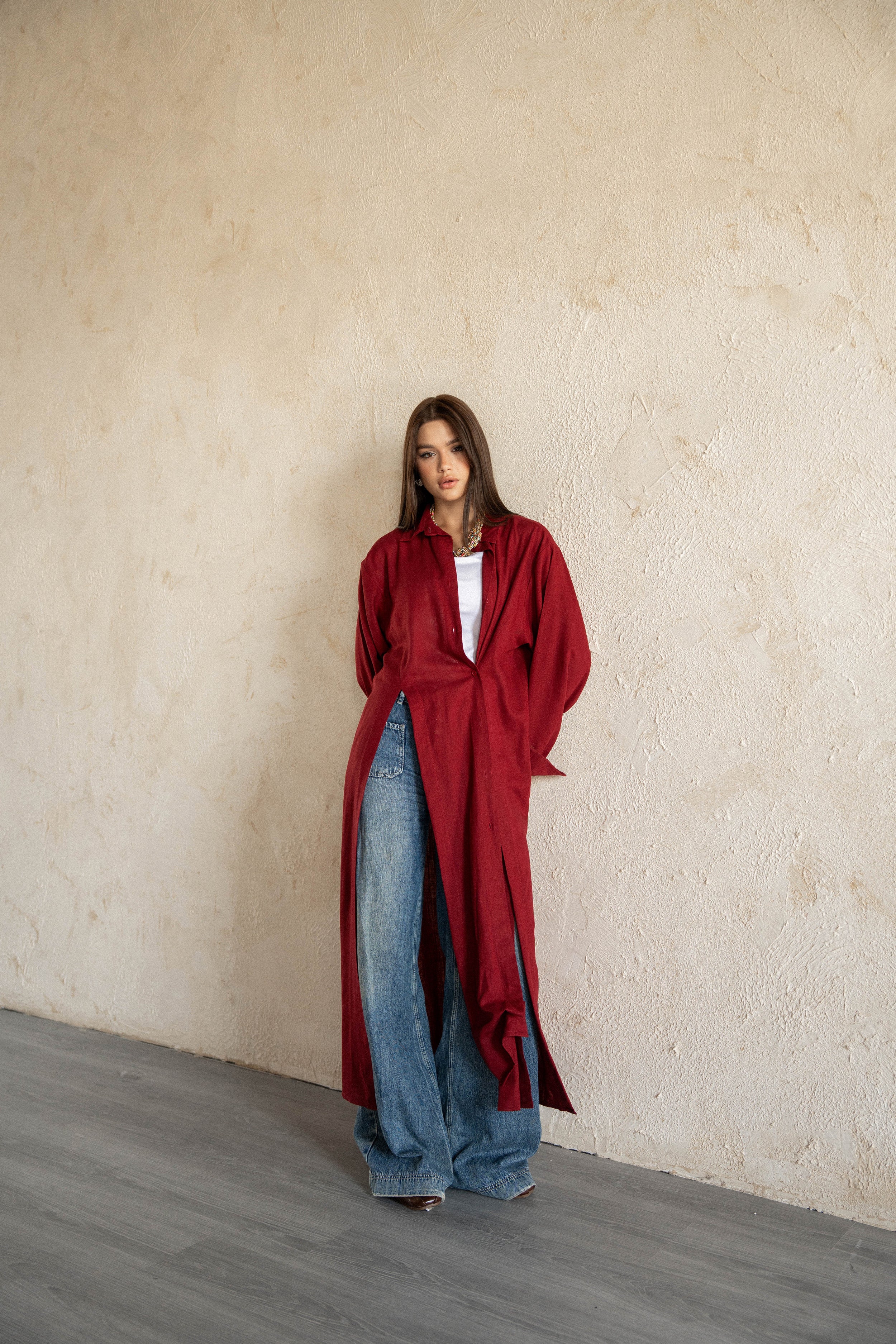 Slit Shirt dress-burgundy