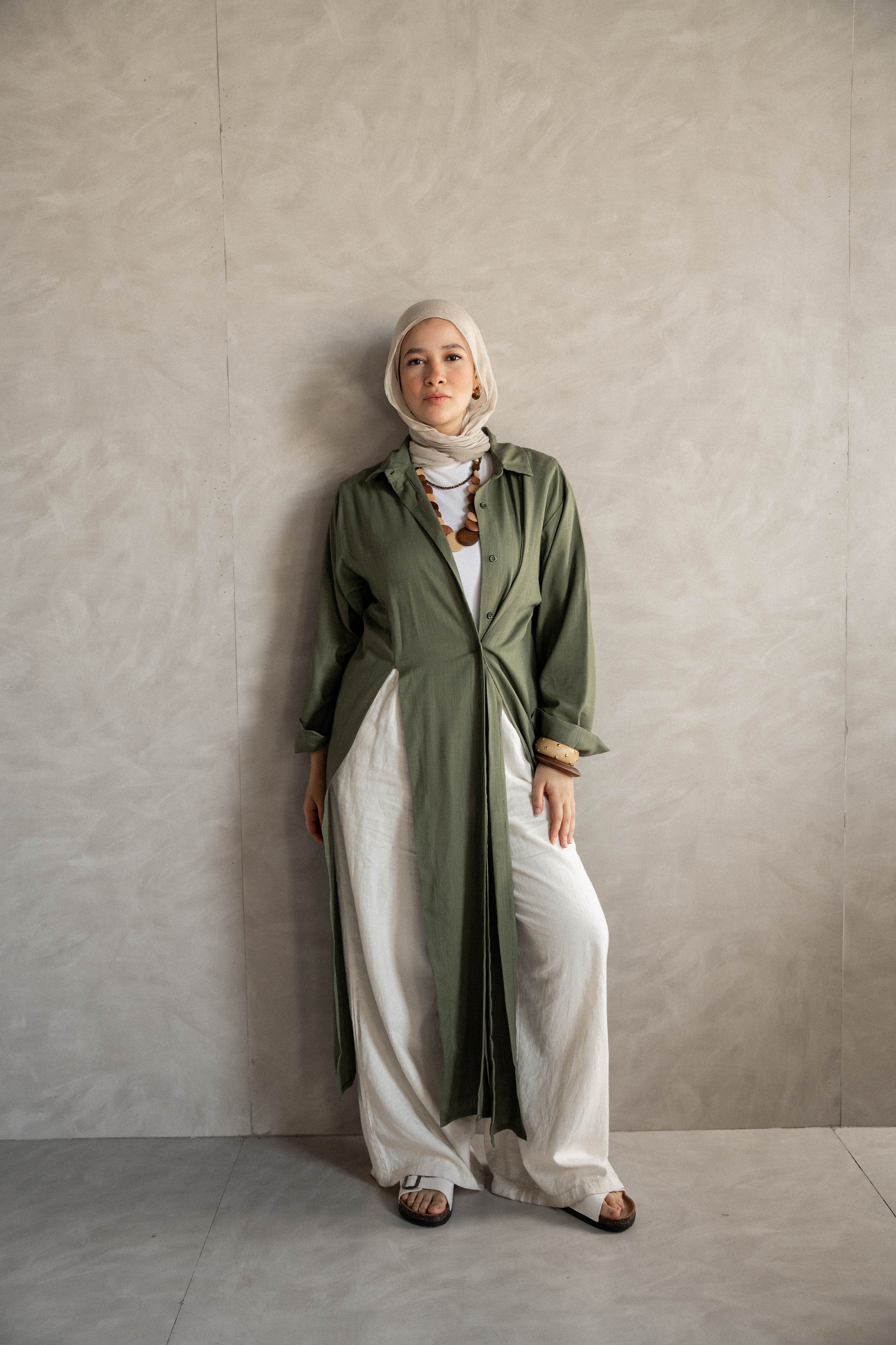 Slit Shirt dress-Olive