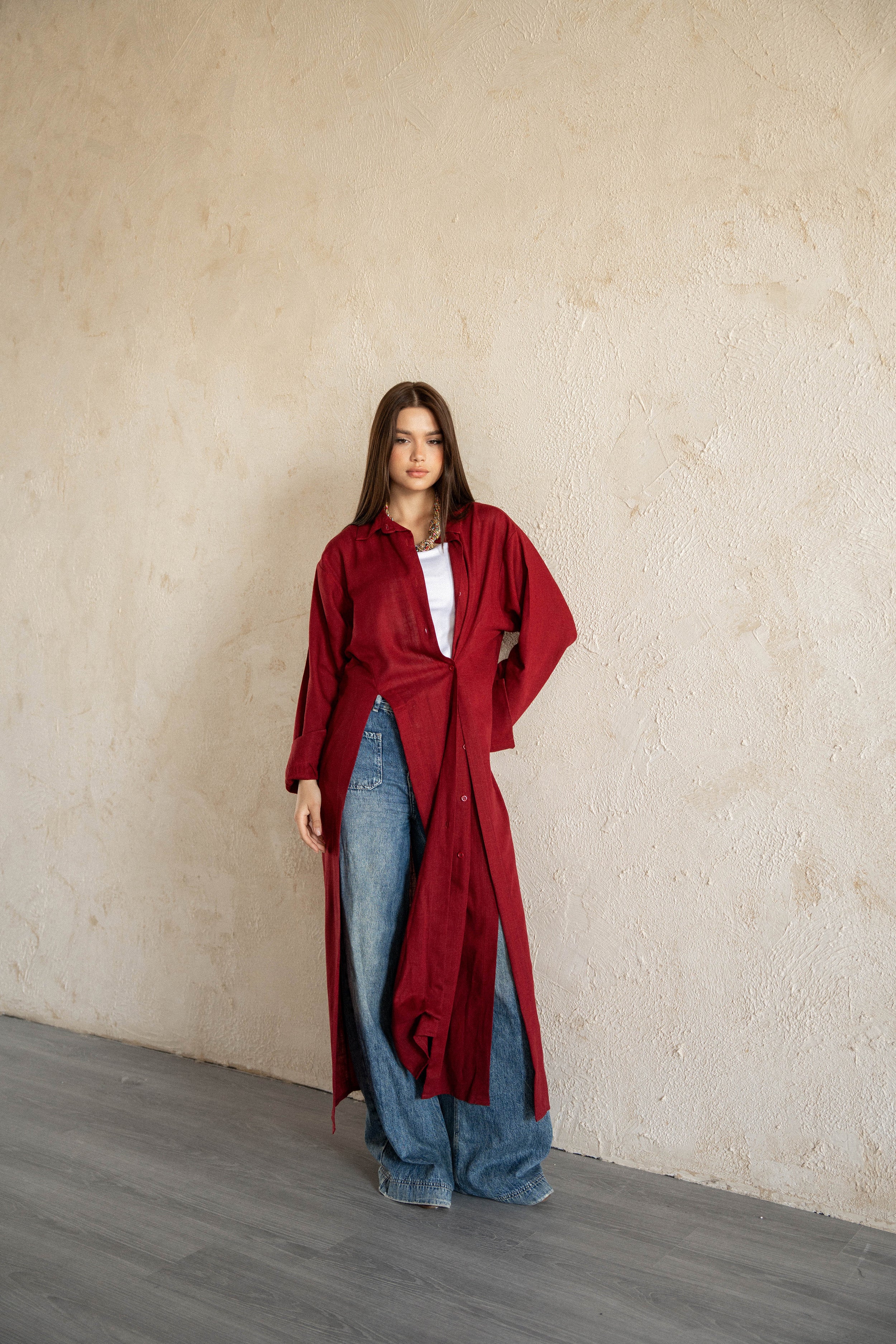Slit Shirt dress-burgundy